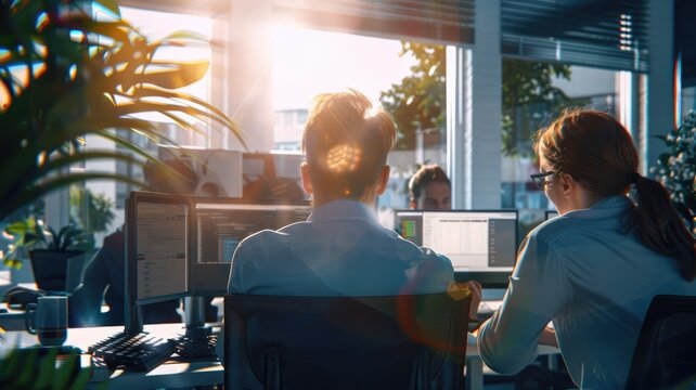 Professional business team working together and looking report at laptop. AIG53F.