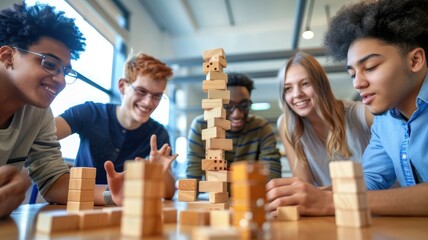 Diverse friends play Jenga in a modern office, bonding through laughter and teamwork. AIG53M