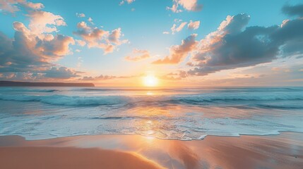 Fototapeta premium Beautiful beach at dawn with a stunning sunrise and scattered clouds, creating a tranquil morning scene.