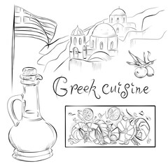 drawing lines. art line food Greek cuisine. Seafood, oil, olives, Greece landscape and flag