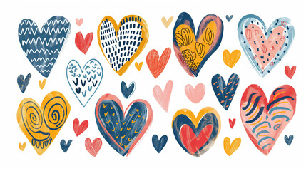 Hand draw abstract colourful hearts flat icon set