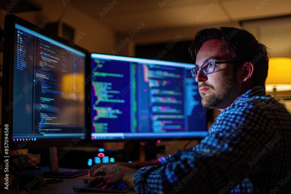 Poster a focused programmer is diligently working on code in a dark office with dual monitors aig58