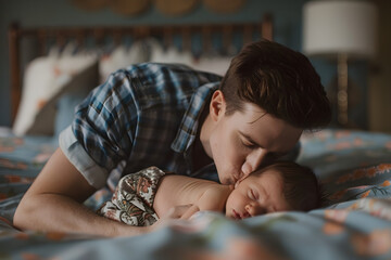 Happy dad kissing his newborn baby at home. Happy Father's Day.