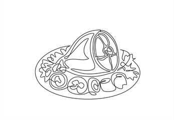 Meat with vegetables dish. Pork knuckle, meat on bone, pork and vegetable salad. One continuous line drawing. Food in a restaurant.  One Line Art isolated white background.