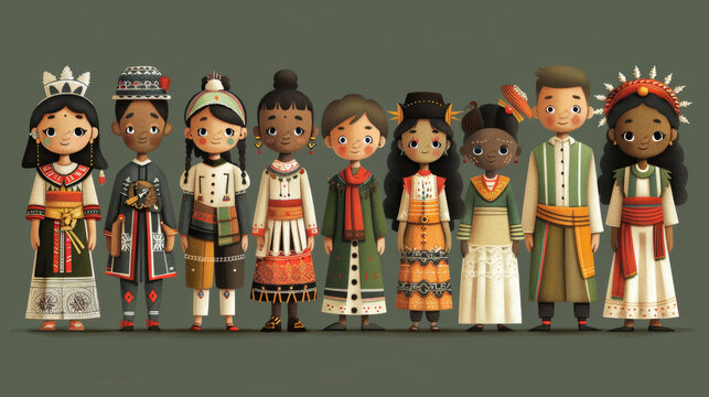 cultural diversity parade, flat style characters in traditional attire from diverse cultures worldwide celebrate the beauty of global unity and multiculturalism