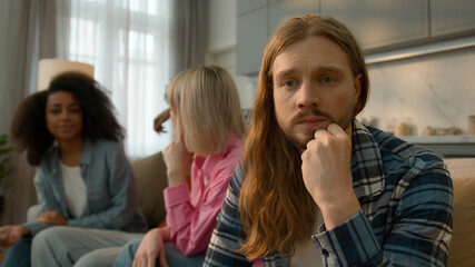 Upset offended Caucasian man male guy thinking anxiety worried think suffer at home feel lonely...