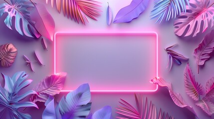 Neon sign amidst tropical leaves on vibrant pink background.