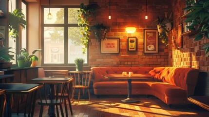 A cozy coffee shop with comfortable seating and warm lighting, illustration background