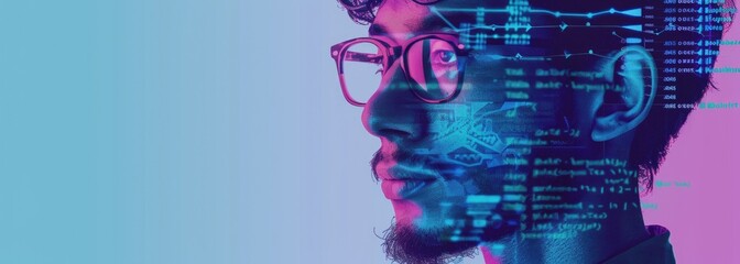 The image shows a man wearing glasses with a blue and purple filter. His face is made up of numbers and symbols. The background is a gradient of blue and purple.