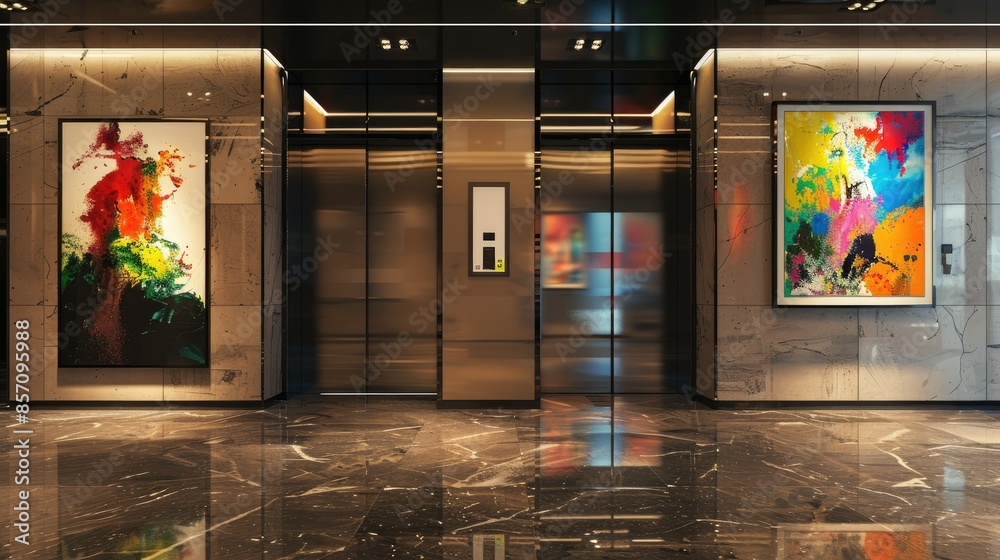 Wall mural open elevator doors in a chic office lobby, featuring contemporary art and high-gloss surfaces.