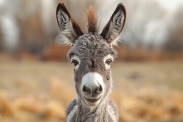 Fototapeta premium A young donkey, characterized by its unique mohawk hairstyle, standing in an open field, capturing a whimsical and curious expression against a blurred autumnal background.
