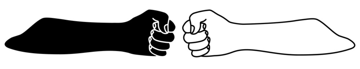 Fist bumping banner hand drawn with single line. Team work, cooperation, friends concept. Png illustration isolated on transparent background
