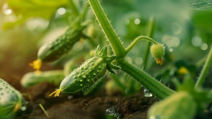 Naklejka premium Fresh cucumbers with water droplets on vibrant green leaves.