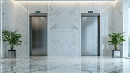 Open elevator doors in a sleek office lobby, showcasing modern design and polished marble floors.