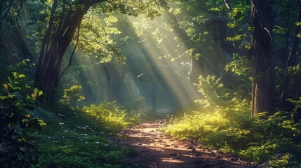 Obraz premium A tranquil forest path with sunlight filtering through the trees, illustration background