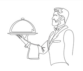 Continuous one line drawing of Waiter holding food tray. One line drawing. Restaurant worker concept. Menu food design. Vector