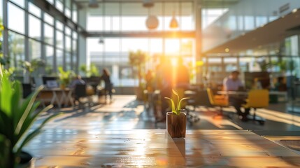 Sunlight Shining on a Wooden Table in a Modern Office