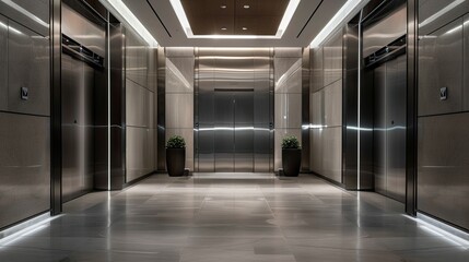 Sleek office lobby with open elevator doors, showcasing the sophisticated lighting and refined finishes