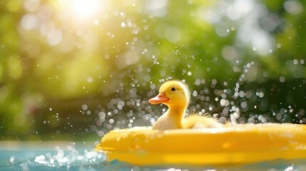 A duck splashing in a kiddie pool with water droplets and sunlight in the background.