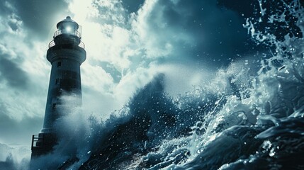 The solarpowered lighthouse stands resilient in the face of storms and rough weather constantly providing a guiding light for ships.