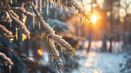 Fir tree branches with melting snow and icicles in a winter forest in the morning A real winter to spring transition