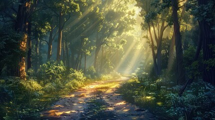 Fototapeta premium A tranquil forest path with sunlight filtering through the trees, illustration background