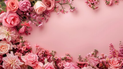 Obraz premium Pink flower arrangement with a pink flower border on a pink backdrop Overhead view with space for writing