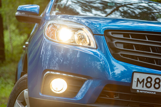 Moscow, Russia - June 2024: Blue pickup truck in the forest.  sollers st6 - Jac t6 