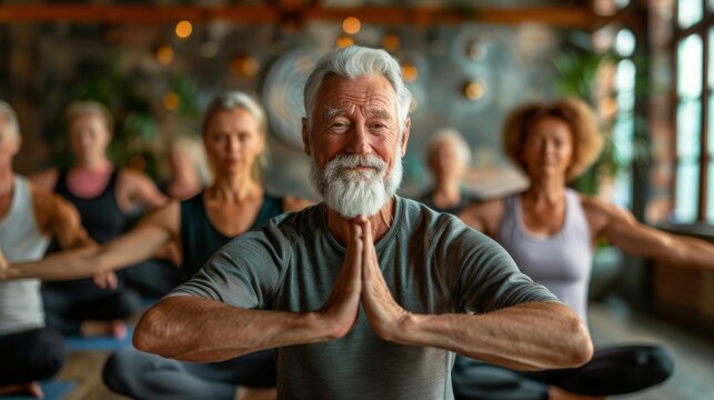 A group of older adults participating in a fitness class or yoga session