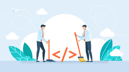 Obraz premium Tiny characters programmers sweep up and throw away bad code. Antivirus Scanning, Malware Fixing, Virus Attack, Trojan Search, Bugs Detection. System Protection. Flat Illustration