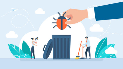 A hand throws a beetle into a trash can. Bug fixing Software As A Service. Software test for effective website development tiny person concept. Bug catching and error checking. Flat illustration