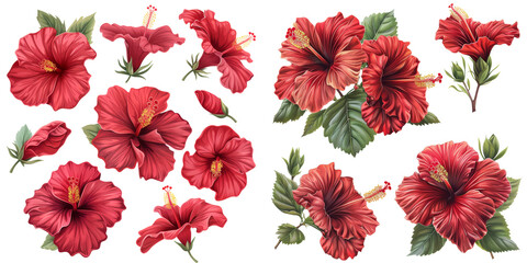 Tropical Red Hibiscus Flowers Isolated on Transparent or White Background, PNG