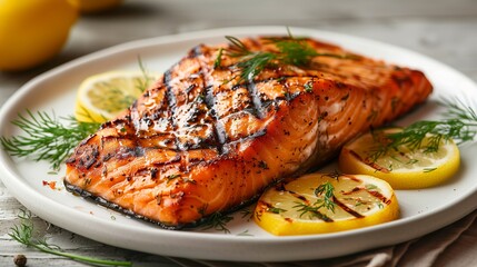 Close-Up of Grilled Salmon Fillet with Lemon Slices and Fresh Dill