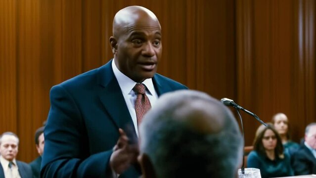 African American male lawyer speaking in a courtroom. The speaker is presenting at a conference. Concept of legal professional, justice, trial, courtroom setting, speaker, conference.