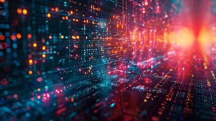 Obraz premium A stylized, abstract image of a digital battlefield with lines of code representing armies clashing in a virtual world.