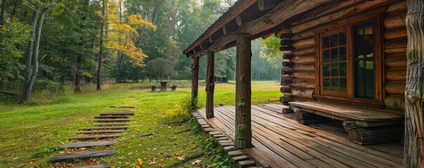 Obraz premium Traditional log cabin with a covered porch.