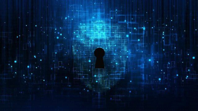 Visualization of a shield with binary code and glitch effects around it. The dark blue background emphasizes the digital theme, showcasing the concepts of cybersecurity and hacking prevention.