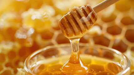 Fresh Honey with Honeycomb and Wooden Dipper. National Honey Month concept.