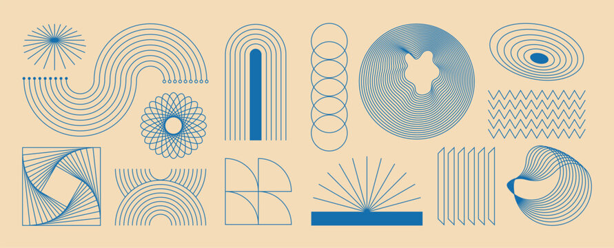Hand drawn abstract minimal element mid century vector set. Aesthetic contemporary stripe line art, geometric shape in monochrome. Art form design for wall art, decoration, wallpaper.