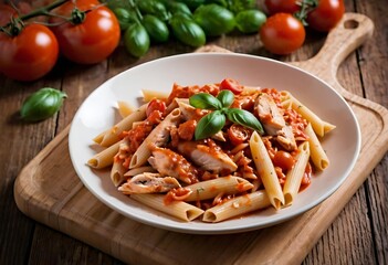 Delicious Penne Pasta with sausages, tomato sauce, parmesan cheese, basil and vegetables served