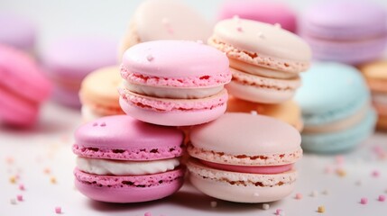 Obraz premium Assortment of vibrant macarons stacked, close up view displaying an array of delicious flavors