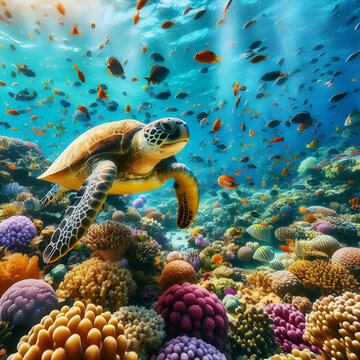 Tortuga marina buceando en el fondo del mar