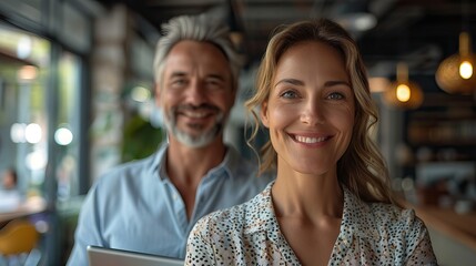 smiling two professional business people standing in office with with digital tablets 2 AI Generative
