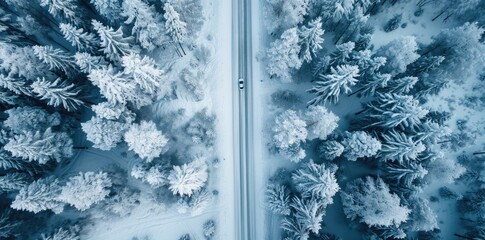 A winter road in a snow forest from drone top down view.