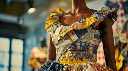 Naklejka premium Designer showcasing upcycled fashion on a mannequin, highlighting sustainable choices.