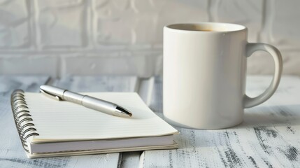 Coffee mug, notebook, pen, on the desk.