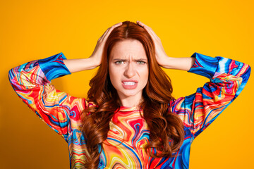 Photo portrait of attractive young woman touch head scared stressed dressed stylish colorful...