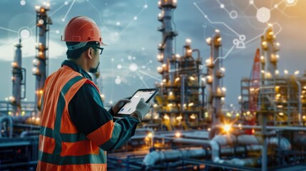 Engineer inspecting in industrial oil refinery, stand with back Industry 4.0 concept, Background blurred concept