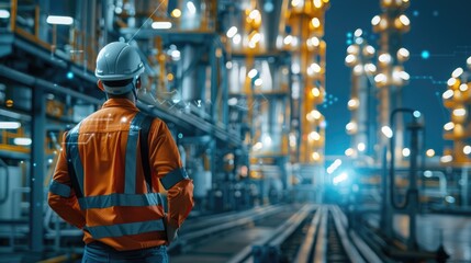 Obraz premium Engineer inspecting in industrial oil refinery, stand with back Industry 4.0 concept, Background blurred concept