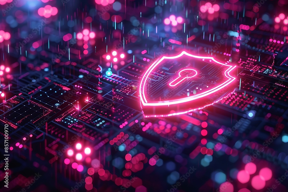 Aufkleber cyber security: digital shield on a circuit board